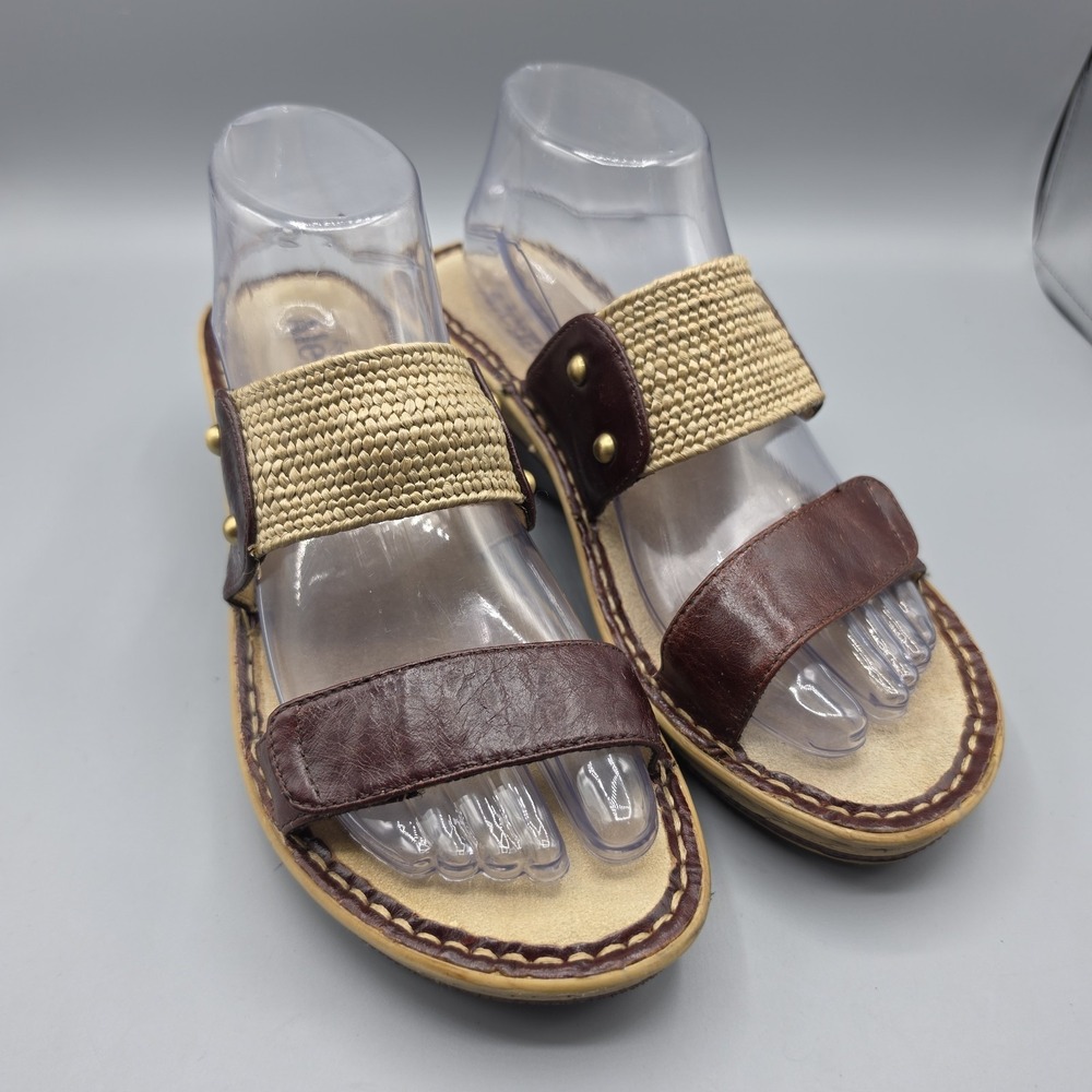 Alegria Womens Lana Sandals Womens 39 Oxblood Tan Leather Wedge Slide Comfort